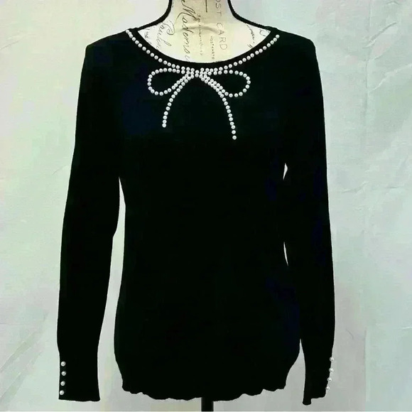 Elle Black Long Sleeve Sweater Sz S Pearl Bow Detail Pullover - Picture 4 of 13